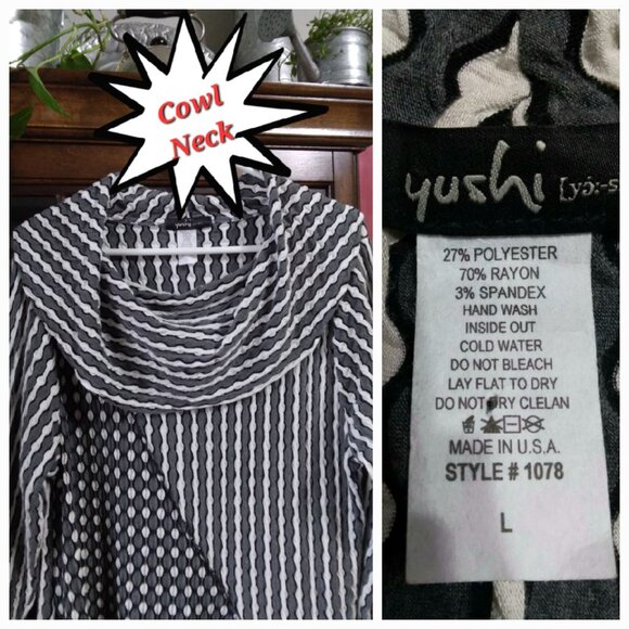 Women's YUSHI black/white geometric print tunic L/S Winter top Size Large EUC - Picture 2 of 8